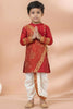 Royal Red Viscose Embroidered Kurta Dhoti Set with Golden Motifs For Kid
