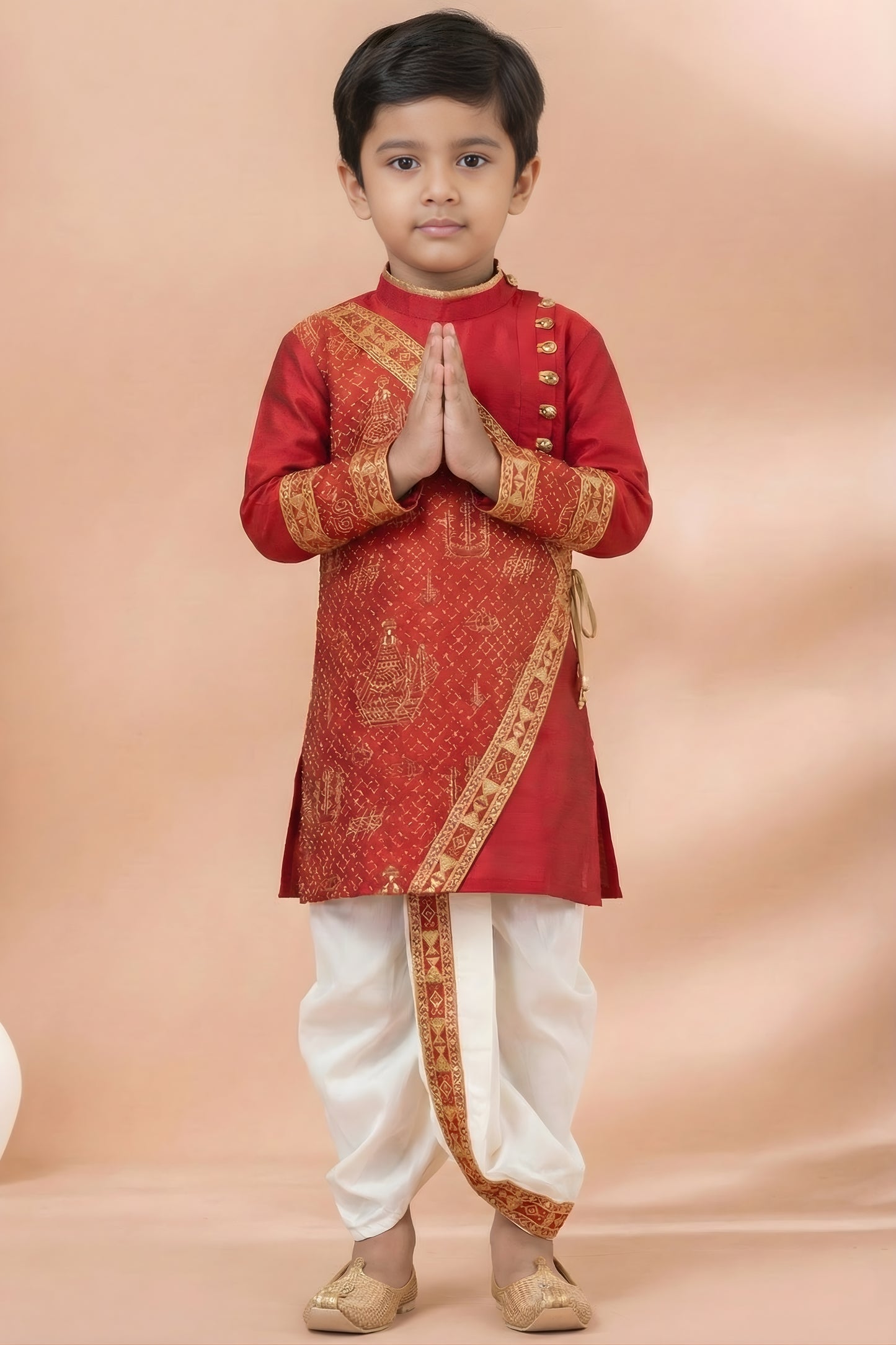 Royal Red Viscose Embroidered Kurta Dhoti Set with Golden Motifs For Kid
