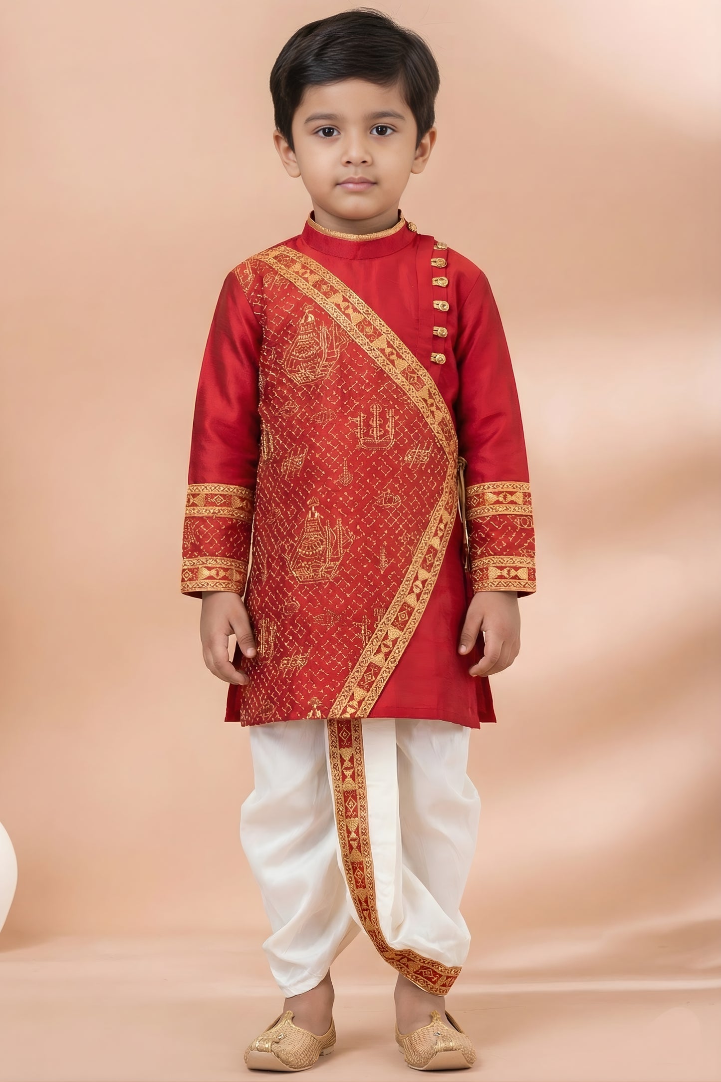 Royal Red Viscose Embroidered Kurta Dhoti Set with Golden Motifs For Kid