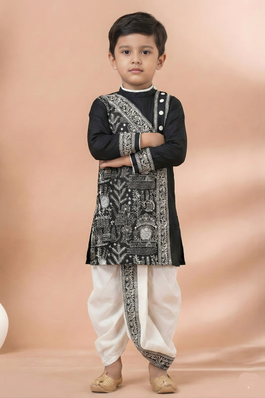 Classic Black Viscose Embroidered Kurta Dhoti Set with Silver Motifs For Kid