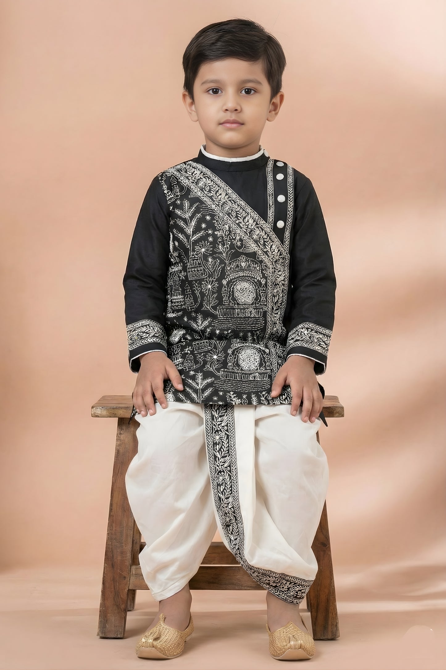 Classic Black Viscose Embroidered Kurta Dhoti Set with Silver Motifs For Kid