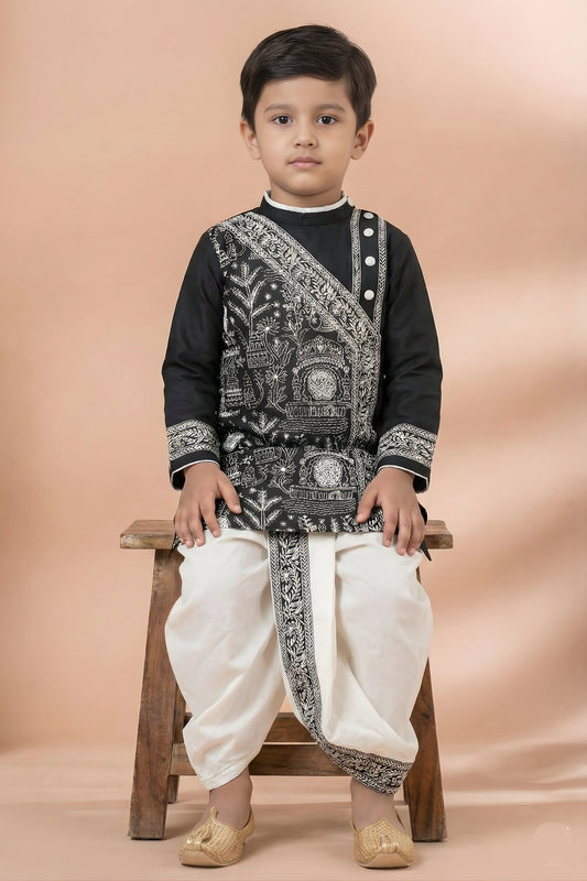 Classic Black Viscose Embroidered Kurta Dhoti Set with Silver Motifs For Kid