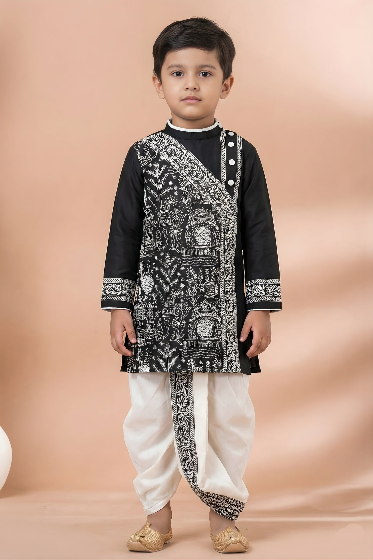 Classic Black Viscose Embroidered Kurta Dhoti Set with Silver Motifs For Kid