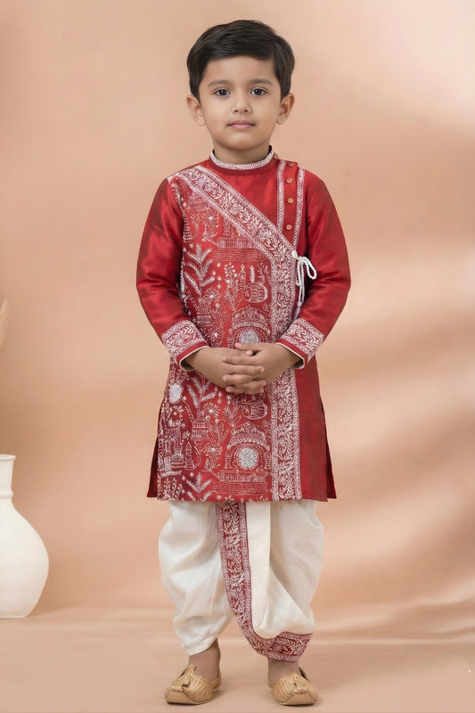 Stylish Red Viscose Embroidered Kurta Dhoti Set with Traditional Motifs For Kid
