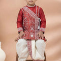 Stylish Red Viscose Embroidered Kurta Dhoti Set with Traditional Motifs For Kid