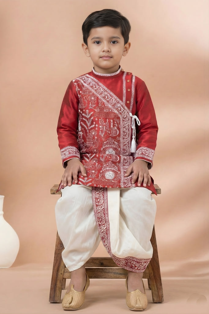 Stylish Red Viscose Embroidered Kurta Dhoti Set with Traditional Motifs For Kid