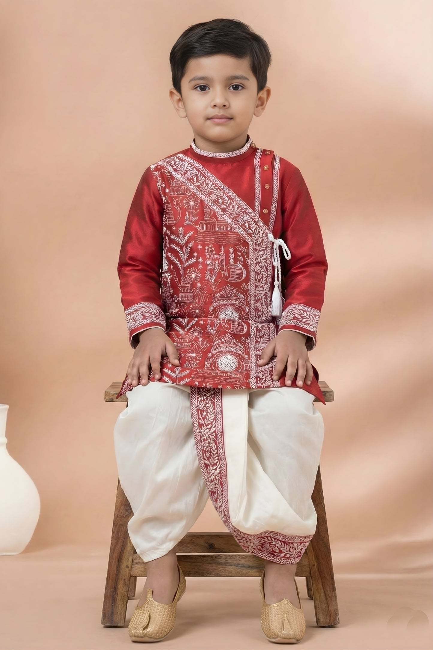 Stylish Red Viscose Embroidered Kurta Dhoti Set with Traditional Motifs For Kid