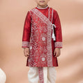 Stylish Red Viscose Embroidered Kurta Dhoti Set with Traditional Motifs For Kid