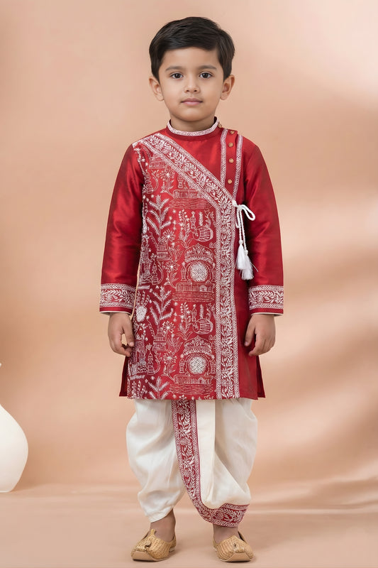 Stylish Red Viscose Embroidered Kurta Dhoti Set with Traditional Motifs For Kid