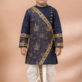 Elegant Navy Blue Viscose Embroidered Kurta Dhoti Set with Golden Motifs For Kid