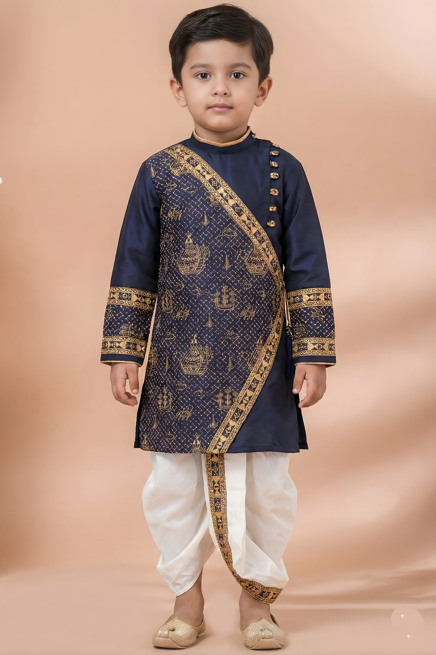 Elegant Navy Blue Viscose Embroidered Kurta Dhoti Set with Golden Motifs For Kid
