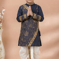 Elegant Navy Blue Viscose Embroidered Kurta Dhoti Set with Golden Motifs For Kid