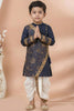 Elegant Navy Blue Viscose Embroidered Kurta Dhoti Set with Golden Motifs For Kid
