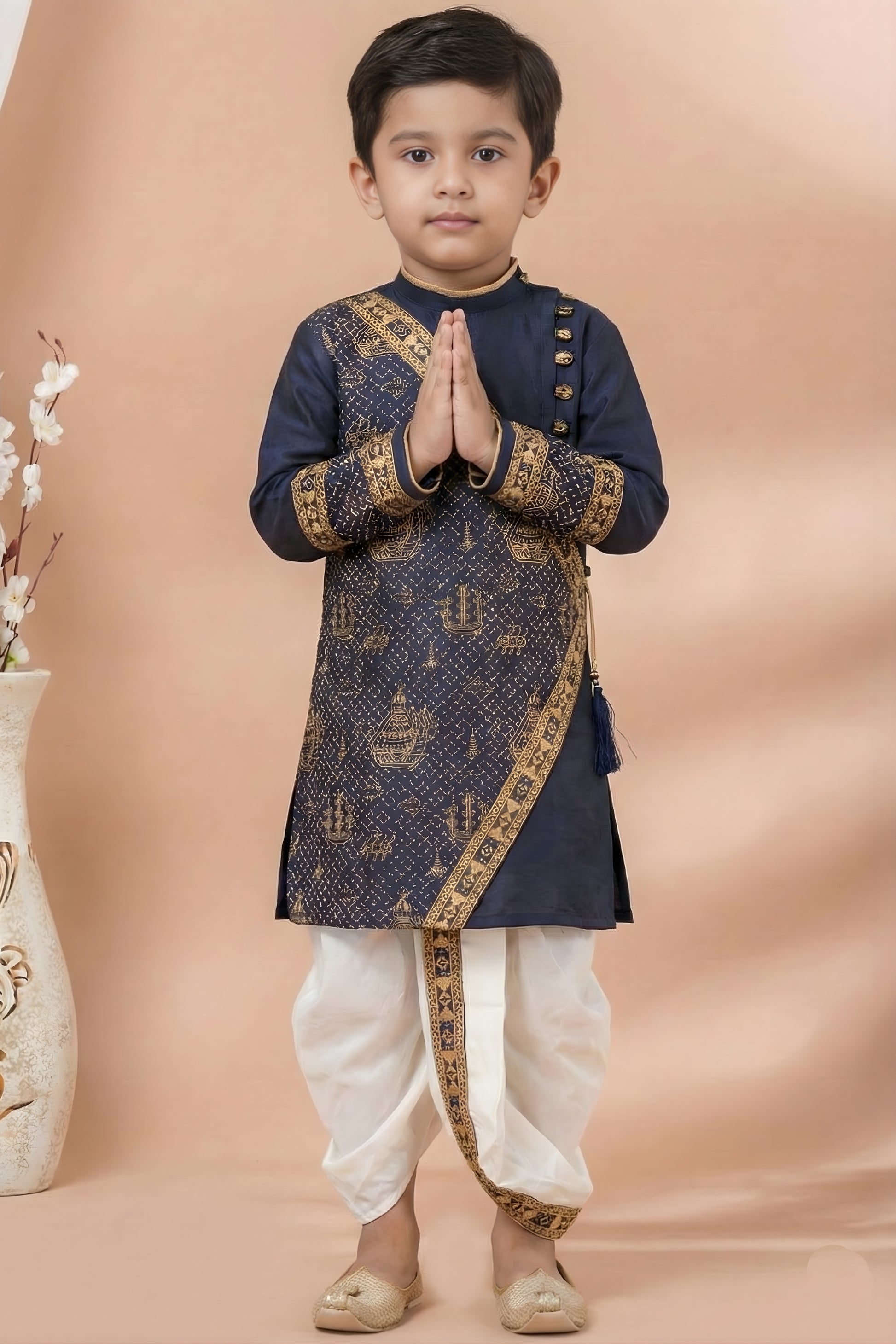 Elegant Navy Blue Viscose Embroidered Kurta Dhoti Set with Golden Motifs For Kid