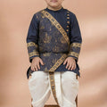 Elegant Navy Blue Viscose Embroidered Kurta Dhoti Set with Golden Motifs For Kid
