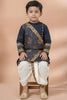 Elegant Navy Blue Viscose Embroidered Kurta Dhoti Set with Golden Motifs For Kid