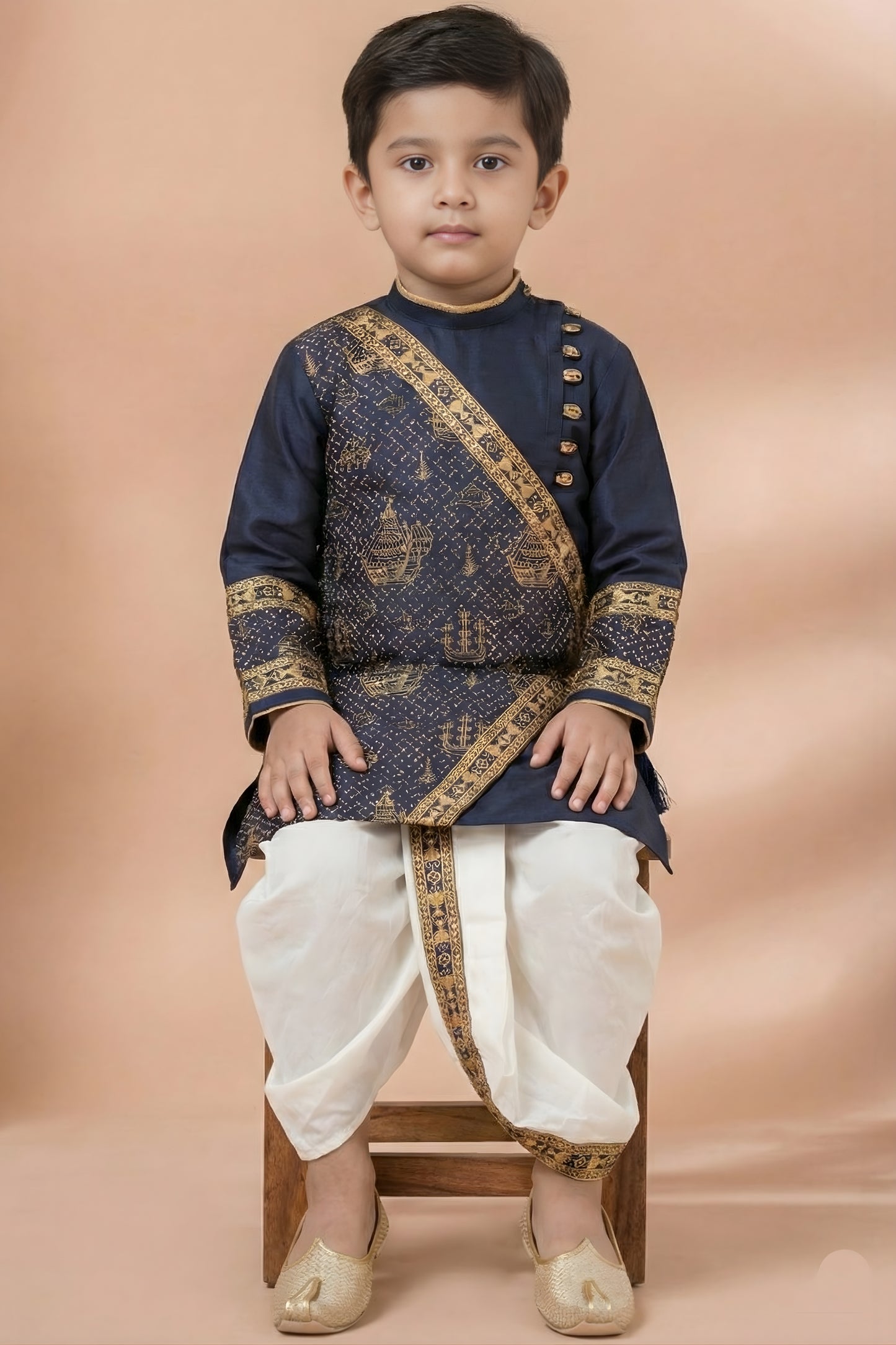 Elegant Navy Blue Viscose Embroidered Kurta Dhoti Set with Golden Motifs For Kid