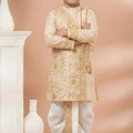 Charming Cream Viscose Embroidered Kurta Dhoti Set with Golden Motifs For Kid