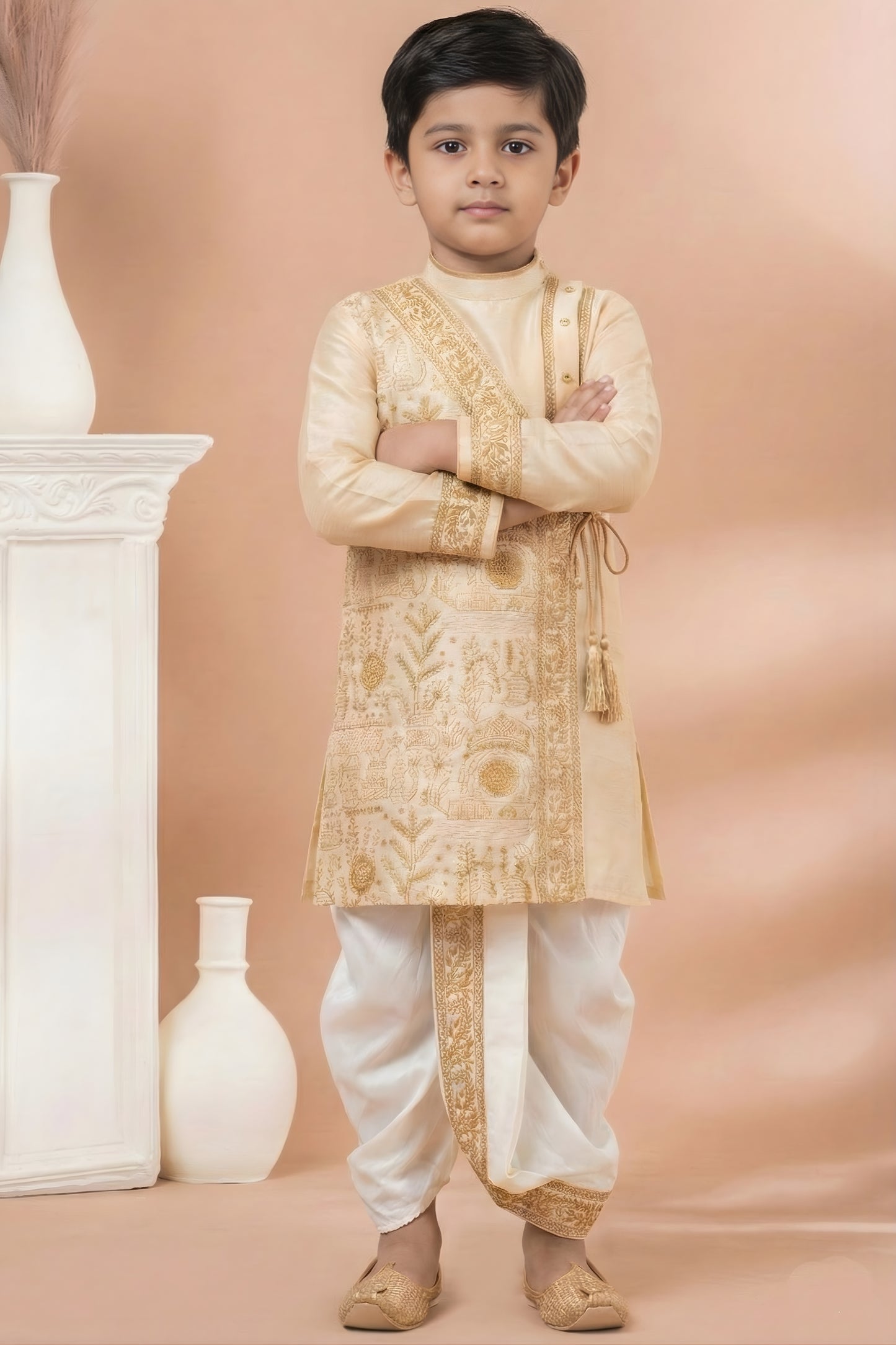 Charming Cream Viscose Embroidered Kurta Dhoti Set with Golden Motifs For Kid