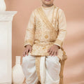 Charming Cream Viscose Embroidered Kurta Dhoti Set with Golden Motifs For Kid