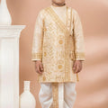 Charming Cream Viscose Embroidered Kurta Dhoti Set with Golden Motifs For Kid