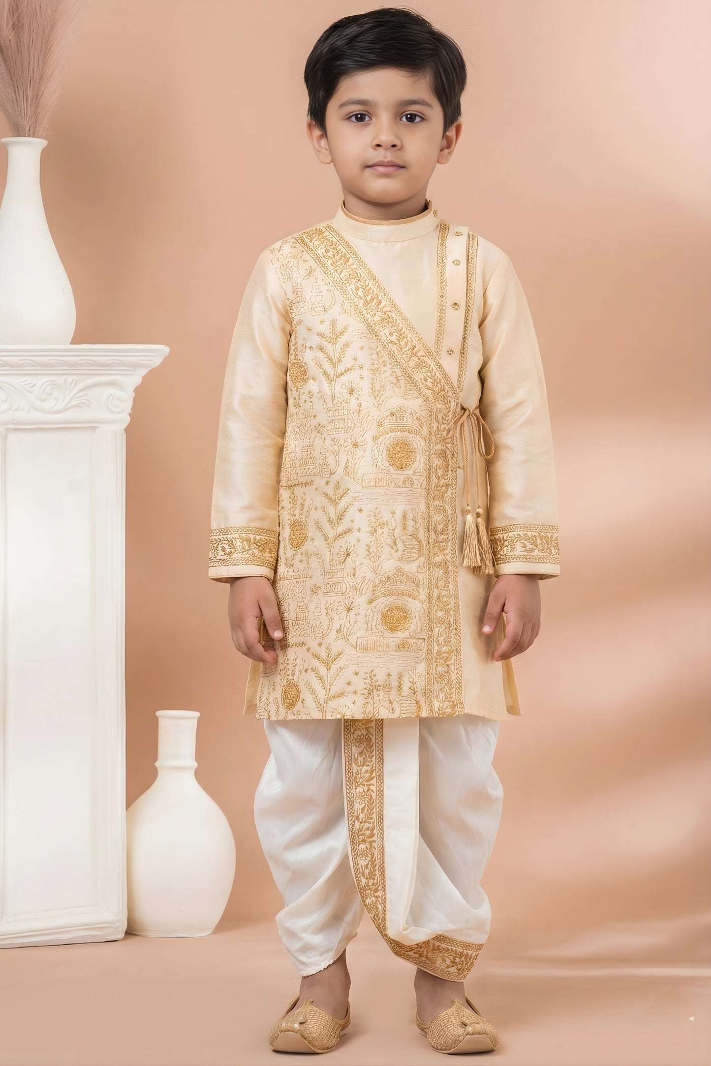 Charming Cream Viscose Embroidered Kurta Dhoti Set with Golden Motifs For Kid