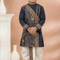 Trendy Navy Blue Viscose Embroidered Kurta Dhoti Set with Golden Motifs For Kid
