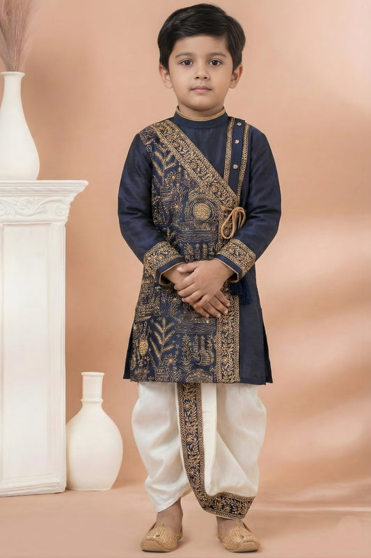Trendy Navy Blue Viscose Embroidered Kurta Dhoti Set with Golden Motifs For Kid