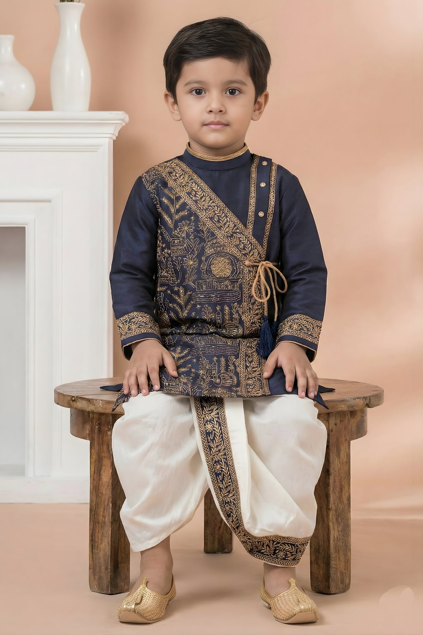Trendy Navy Blue Viscose Embroidered Kurta Dhoti Set with Golden Motifs For Kid