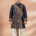 Trendy Navy Blue Viscose Embroidered Kurta Dhoti Set with Golden Motifs For Kid
