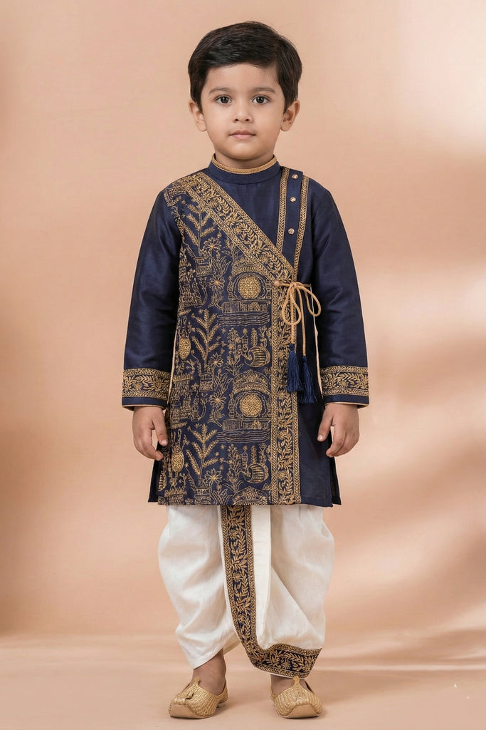 Trendy Navy Blue Viscose Embroidered Kurta Dhoti Set with Golden Motifs For Kid