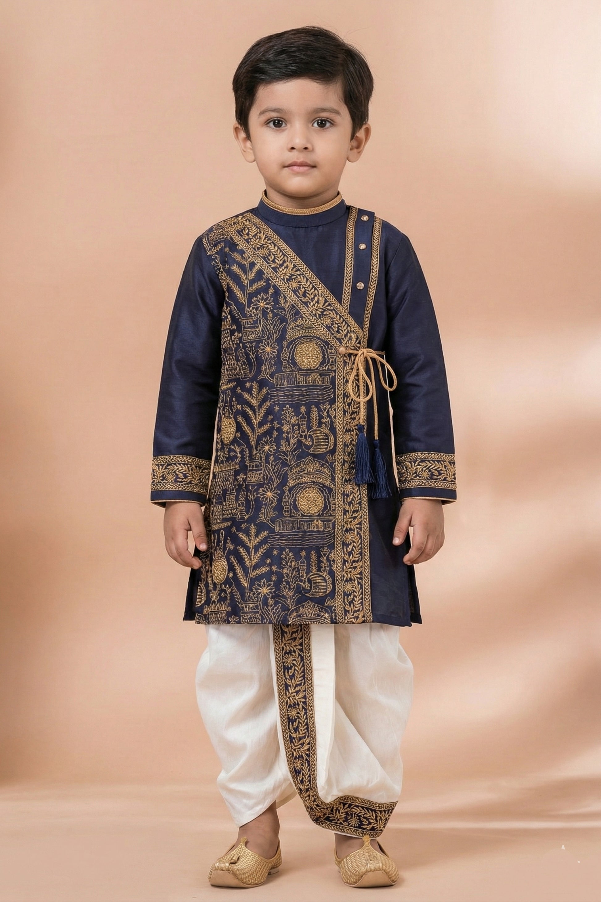 Trendy Navy Blue Viscose Embroidered Kurta Dhoti Set with Golden Motifs For Kid