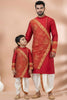 Royal Red Viscose Embroidered Kurta Dhoti Set for Father and Son