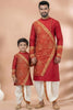Royal Red Viscose Embroidered Kurta Dhoti Set for Father and Son