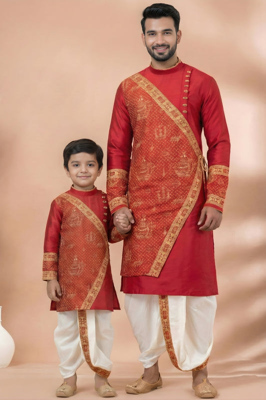 Royal Red Viscose Embroidered Kurta Dhoti Set for Father and Son