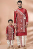 Stylish Red Viscose Embroidered Kurta Dhoti Set for Father and Son