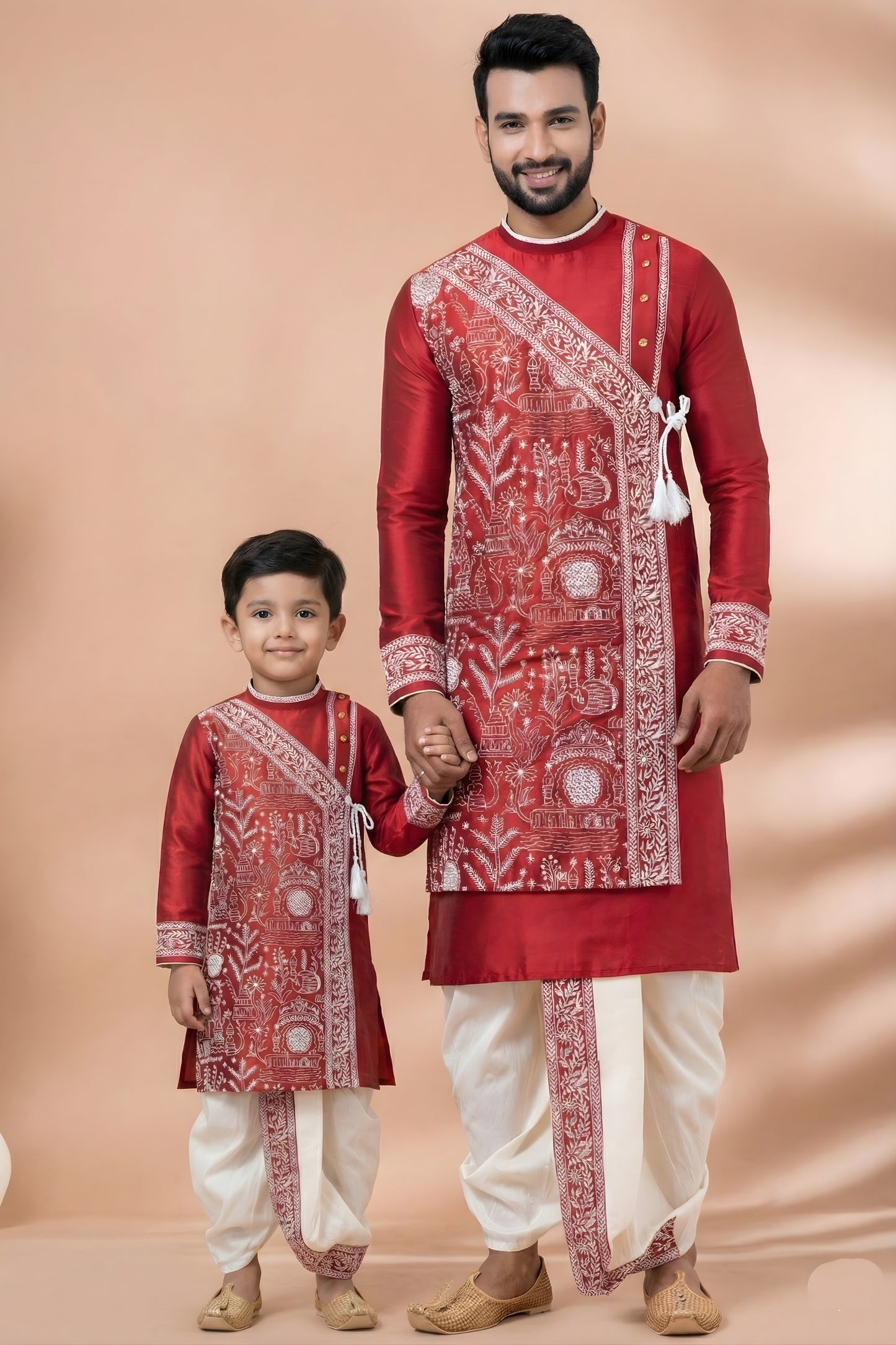 Stylish Red Viscose Embroidered Kurta Dhoti Set for Father and Son