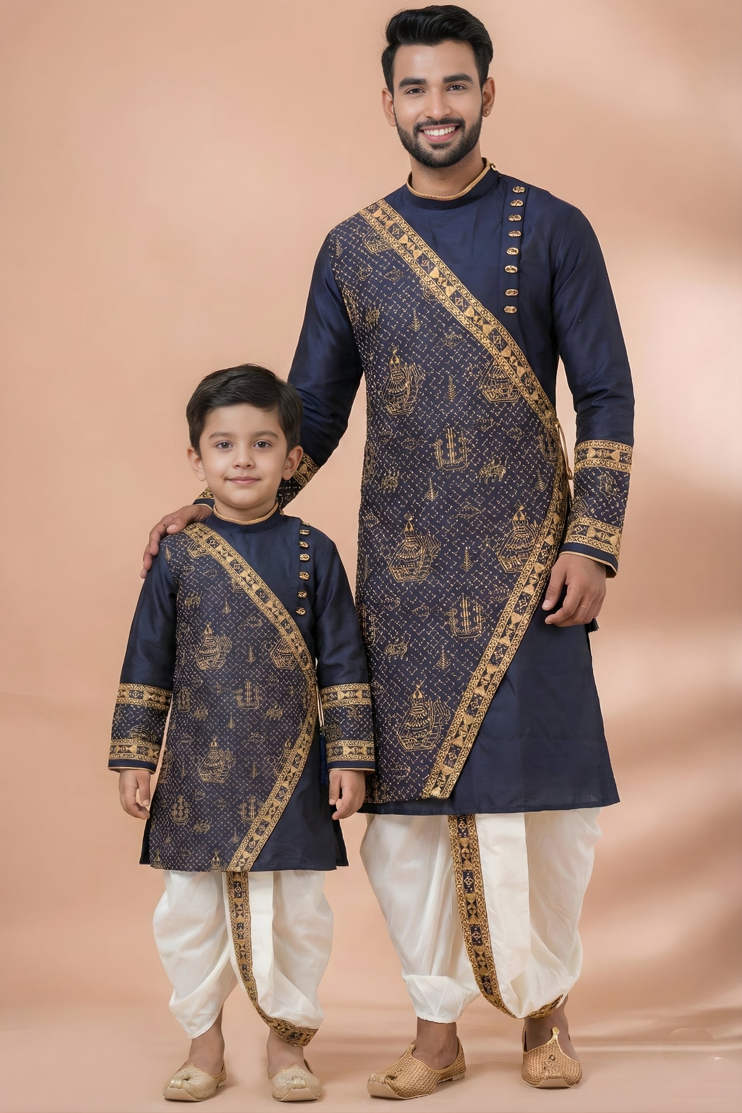 Elegant Navy Blue Viscose Embroidered Kurta Dhoti Set for Father and Son