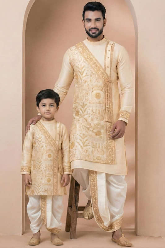 Charming Cream Viscose Embroidered Kurta Dhoti Set for Father and Son