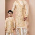 Charming Cream Viscose Embroidered Kurta Dhoti Set for Father and Son