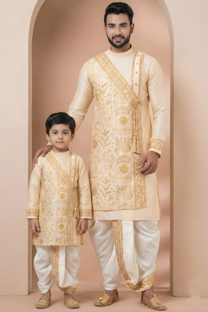 Charming Cream Viscose Embroidered Kurta Dhoti Set for Father and Son