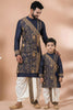 Trendy Navy Blue Viscose Embroidered Kurta Dhoti Set for Father and Son