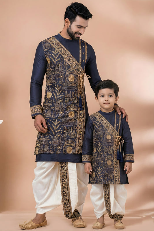 Trendy Navy Blue Viscose Embroidered Kurta Dhoti Set for Father and Son
