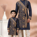 Trendy Navy Blue Viscose Embroidered Kurta Dhoti Set for Father and Son