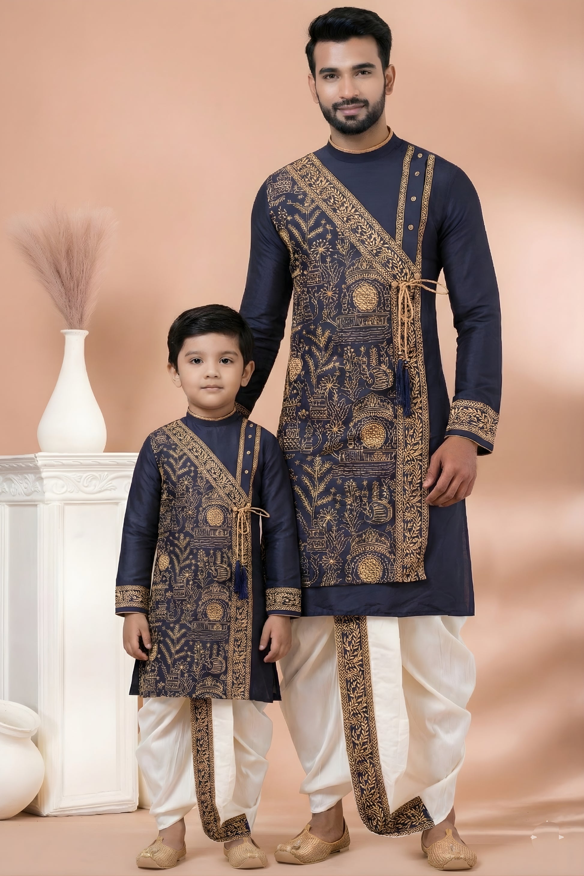 Trendy Navy Blue Viscose Embroidered Kurta Dhoti Set for Father and Son