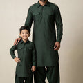 Elegant Dark Green Viscose Pathani Kurta Pajama Matching Set for Father and Son