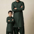 Elegant Dark Green Viscose Pathani Kurta Pajama Matching Set for Father and Son
