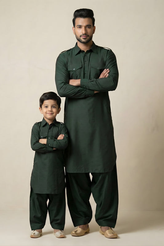 Elegant Dark Green Viscose Pathani Kurta Pajama Matching Set for Father and Son
