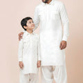 Stunning White Viscose Pathani Kurta Pajama Matching Set for Father and Son