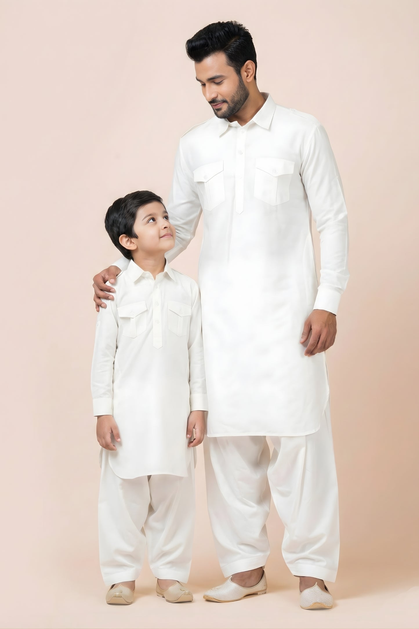 Stunning White Viscose Pathani Kurta Pajama Matching Set for Father and Son